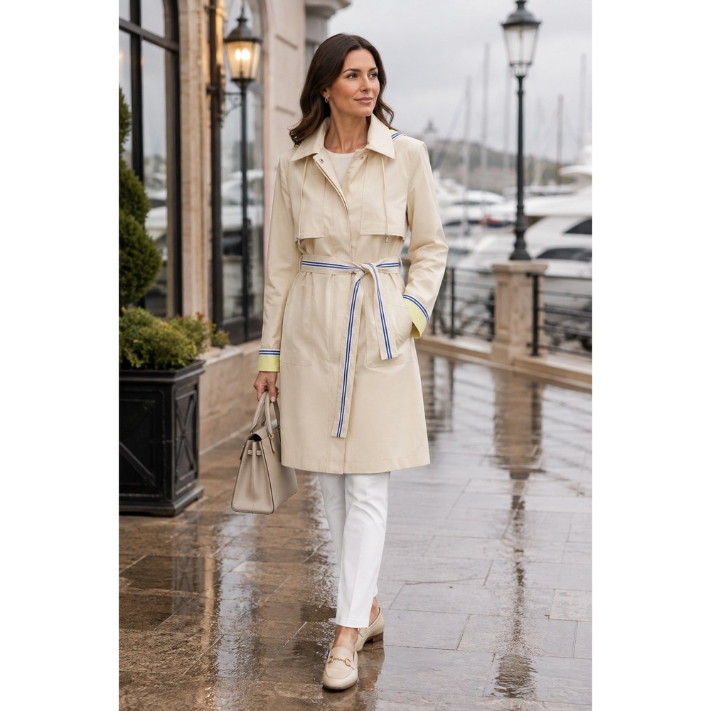 NWT Dennis Basso Beige Hooded Belted Trench Rain Coat Striped Trim S Flaw